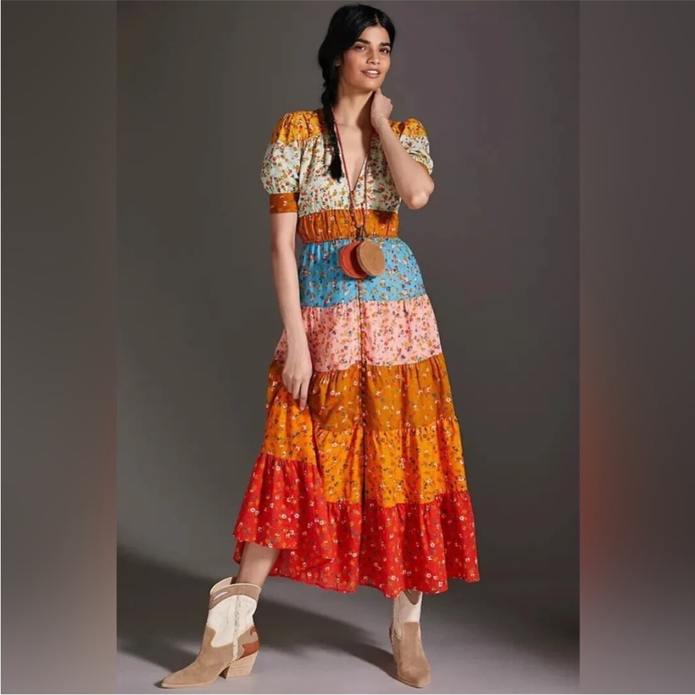 Anthropologie maxi tiered rainbow floral dress